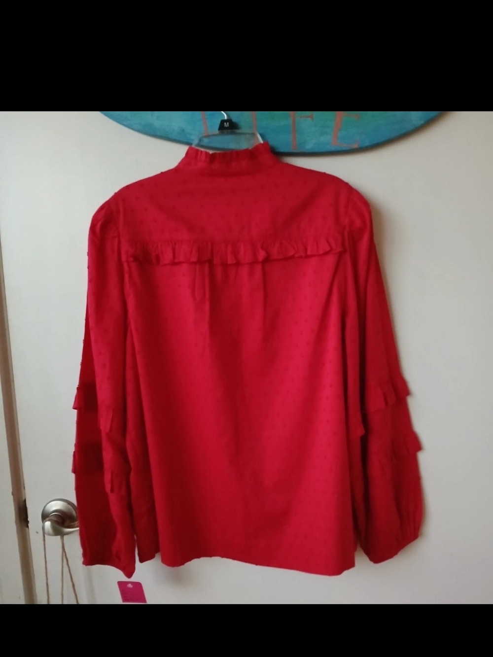 Crown & Ivy Red Ruffle-Front Top Button Blouse With Ruffle Neck And Sleeves - Picture 13 of 16